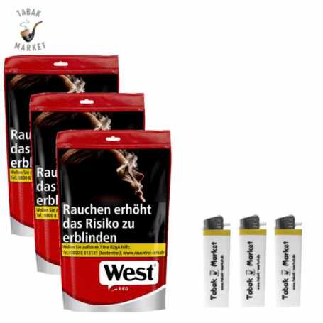 3 x West Red Tabak 100g Beutel + 3 Feuerzeuge