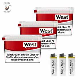 3 x West Red Tabak 110g Eimer + 3 Feuerzeuge