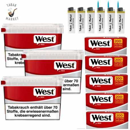 3 x West Red Tabak 110g Eimer + 1000 West Red Filterhülsen + 6 Feuerzeuge