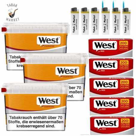 3 x West Yellow Tabak 105g Eimer + 1000 West Red Filterhülsen + 6 Feuerzeuge