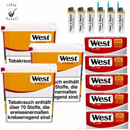 3 x West Yellow Tabak 245g Eimer + 1000 West Red Filterhülsen + 6 Feuerzeuge