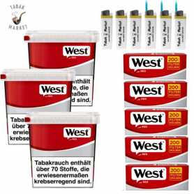 3 x West Red Tabak 160g Eimer + 1000 West Red Filterhülsen + 6 Feuerzeuge